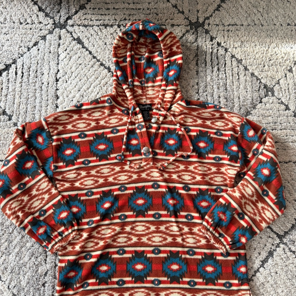 Wrangler Retro Hooded Aztec Pullover in Red, Teal, Cream